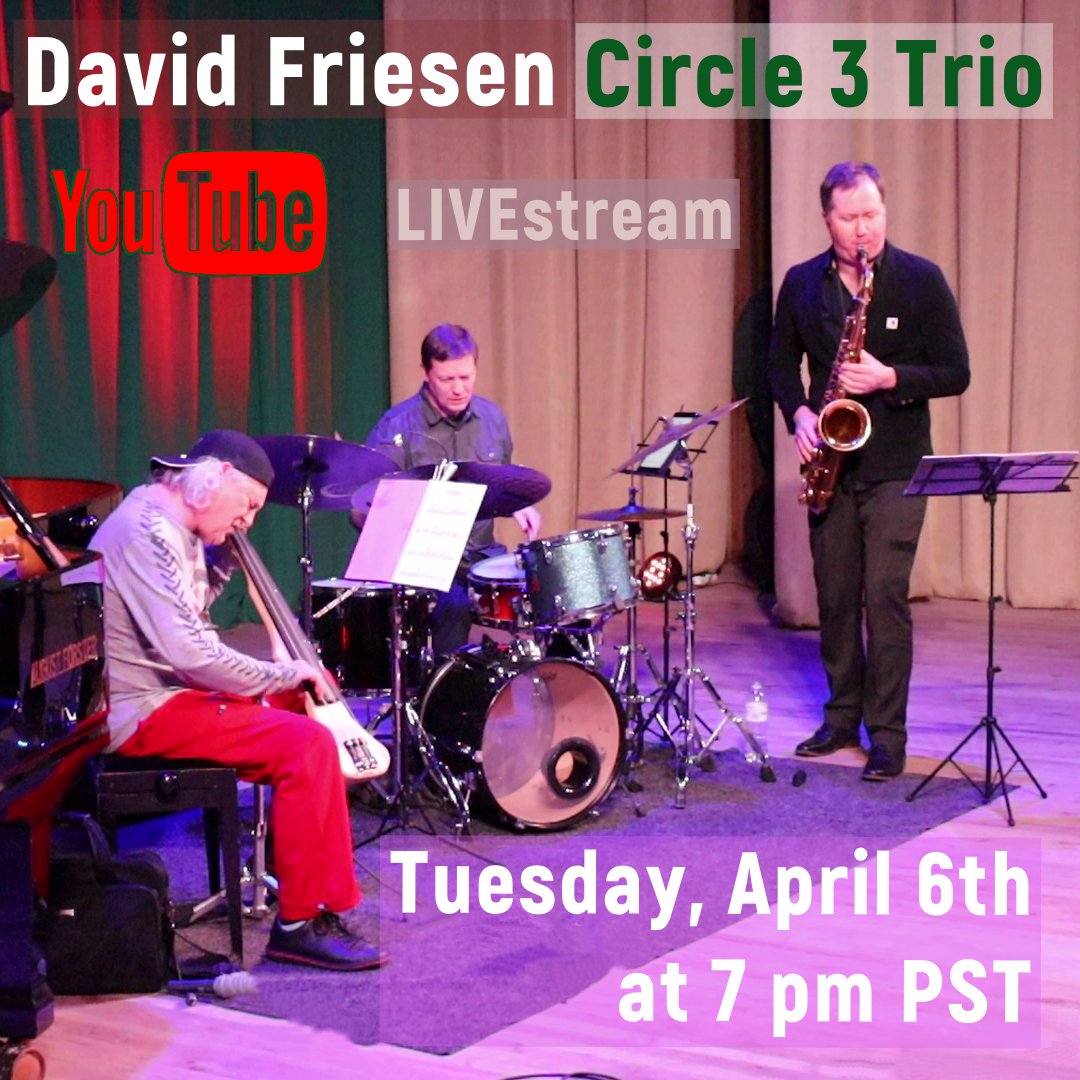 DavidFriesen11's tweet photo. Dear friends,
Welcome to David Friesen’s Circle 3 Trio LIVE STREAM performance. 
Join us on Tuesday, April 6th at 7 pm PST

Watch on  Youtube:
https://t.co/l3zzB4zpII

David Friesen's CIRCLE 3 TRIO:
David Friesen-hemage bass,
Joe Manis-tenor, soprano,
Charlie Doggett-drums https://t.co/CPPXMFz9HZ