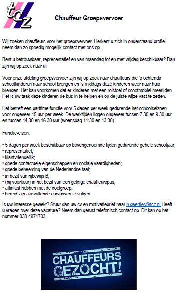TCZwolle's tweet photo. Wij zijn met spoed op zoek naar chauffeurs voor het leerlingenvervoer. Chauffeurs mogen afkomstig zijn uit de volgende gemeenten: Harderwijk, Ermelo, Nunspeet &amp; Meppel. Bent of kent u iemand voor deze functie? Neem dan zo spoedig mogelijk contact met ons op via: h.geertjes@tcz.nl https://t.co/a4I2Vohbr4