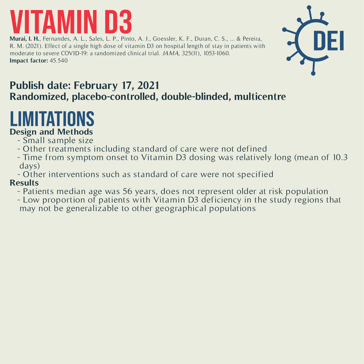 Covid19_DEI's tweet image. Our PICO, appraisal, and limitations for this trial looking at #vitamind3 in peanut oil vs. peanut oil solution for #COVID19 treatment.

#RCT #MedTwitter #TwitteRx #clinicatrial #NurseTwitter #IDtwitter #pharmacyschool #pharmacystudent #medschool #evidencebasedmedicine #CovidRx