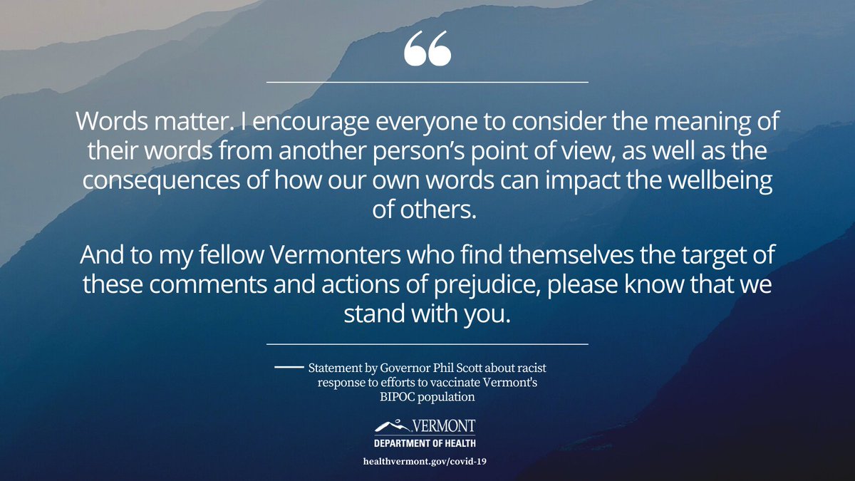 Thank you <a href="/GovPhilScott/">Governor Phil Scott</a> for addressing the health inequities and injustices in our state and for calling out the legacy of racism that continues to harm BIPOC Vermonters. Please see Gov. Scott's full statement here: governor.vermont.gov/press-release/…