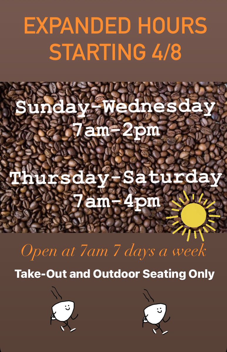 meancup's tweet photo. Open at 7am -7 days a week!  Thanks for your support as we continue to offer take-out and outdoor seating only. The need to socially distance in line and wait areas  does not yet allow for indoor seating in our space @meancup https://t.co/0HR8nI4Auw