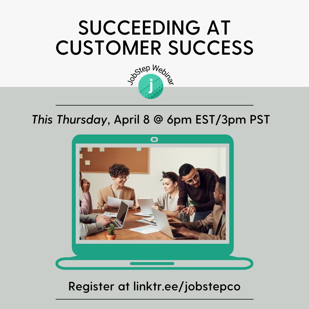 JobStepCo's tweet image. 2 days! Join #JobStep&apos;s CEO, Eleanor Meegoda, Thursday April 8, for 1-hour chat with Customer Success Leader &amp;amp; JobStep Coach Ty Raia, about breaking into #CustomerSuccess roles.  

→ Free Zoom webinar; registration required. 
→ linktr.ee/jobstepco to reserve your spot!