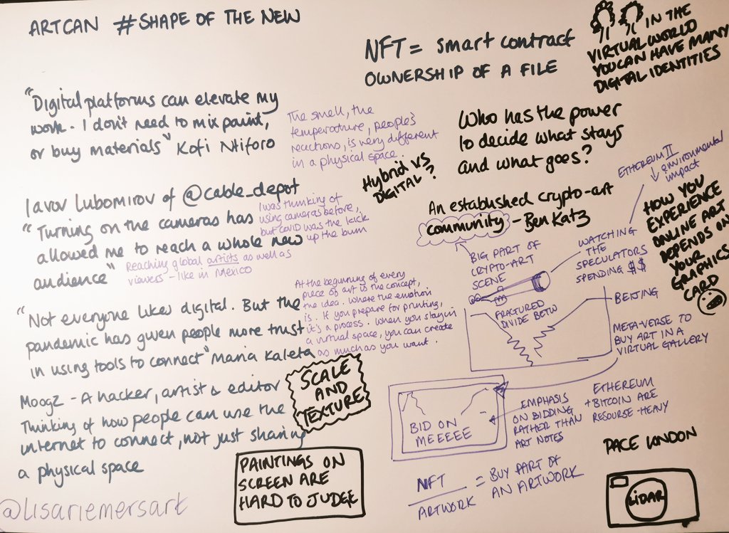 lisariemersart's tweet photo. Not my best #SketchNote but fascinating discussion @artcanorg on the #ShapeOfTheNew future of digital art.
Realised that owning an #NFT is basically a capture-the-flag exercise, so that's fun.
Lots to think about, including galleries in the metaverse, LIDAR technology and more! https://t.co/rg0HuL6Znx