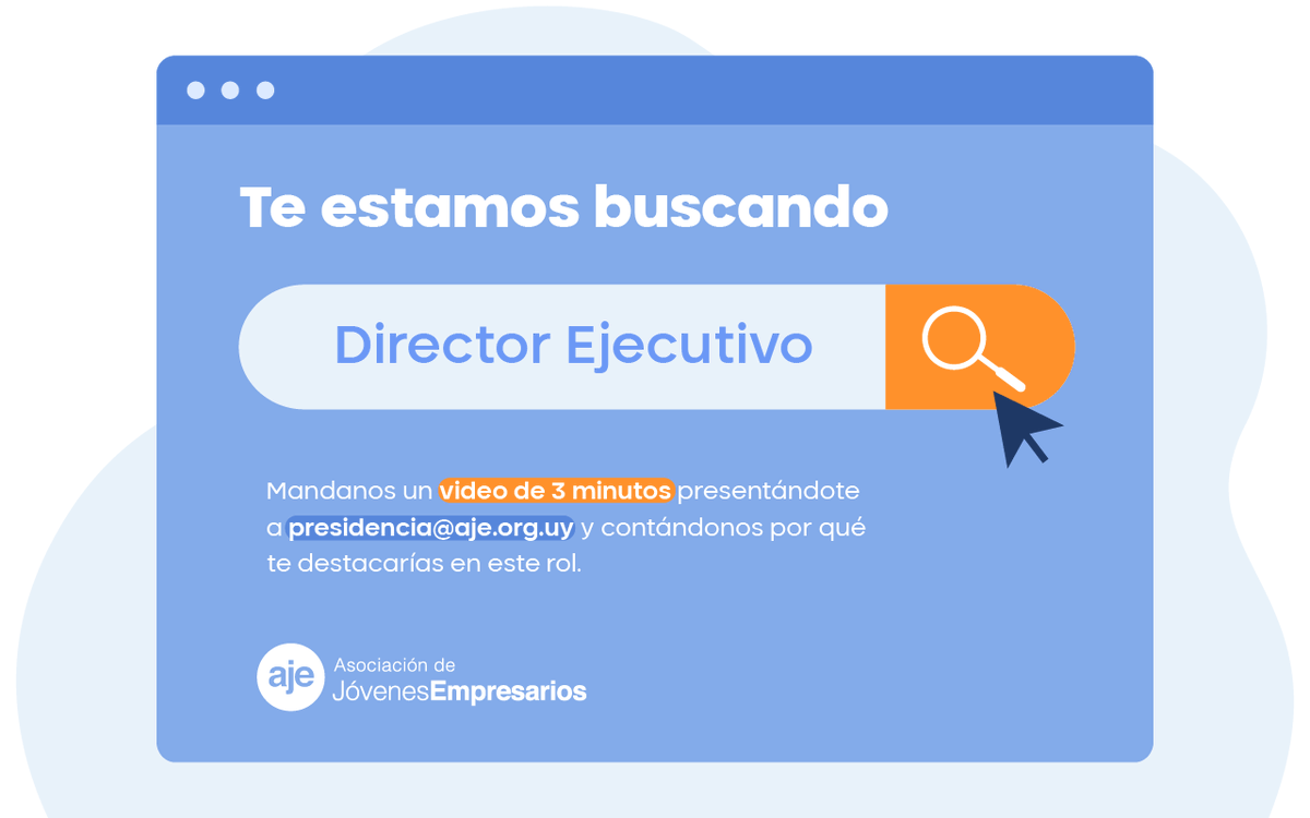 AJEUruguay's tweet photo. ¡Te estamos buscando! En #AJEUruguay iniciamos la búsqueda de un #DirectorEjecutivo que nos ayude a cumplir nuestros objetivos y seguirnos profesionalizando! Si aceptás el desafío y querés formar parte del #equipo, enviá tu video antes del 20/4 a: presidencia@aje.org.uy https://t.co/Z0M9YVJtyk