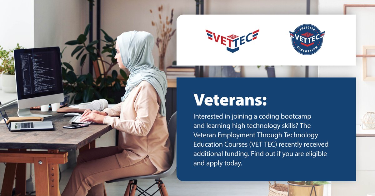 VAVetBenefits's tweet image. Interested in joining a coding bootcamp and learning high tech skills? 

Find out if you’re eligible for our Veteran Employment Through Technology Education Courses (VET TEC) program today: va.gov/education/abou…