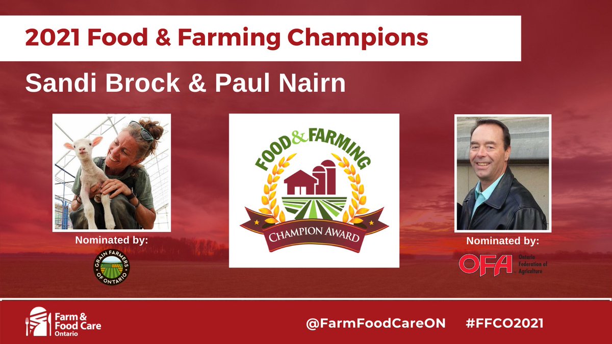 FarmFoodCareON's tweet photo. FFCO is pleased to present @sandibrock &amp; @PA_Nairn  with the 2021 Champion Awards! Since 1999, the Food &amp; Farming Champion Award has been presented to worthy advocates who have demonstrated significant commitments to public outreach and support for the #ontag community.#FFCO2021 https://t.co/Lqd3Cau1lL