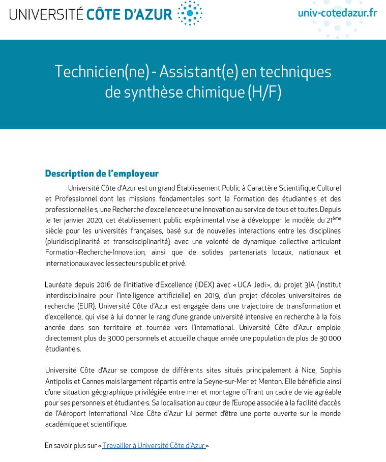 NiceChemistry's tweet photo. Un emploi (CDD 1 an) de Technicien(ne)-Assistant(e) en techniques de synthèse chimique (H/F) est disponible dans notre institut. Pour en savoir plus: https://t.co/k6WHpceDsx
 @NiceChemistry @Univ_CotedAzur @CNRS_DR20 https://t.co/Zj27akh1LN