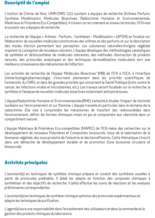 NiceChemistry's tweet photo. Un emploi (CDD 1 an) de Technicien(ne)-Assistant(e) en techniques de synthèse chimique (H/F) est disponible dans notre institut. Pour en savoir plus: https://t.co/k6WHpceDsx
 @NiceChemistry @Univ_CotedAzur @CNRS_DR20 https://t.co/Zj27akh1LN