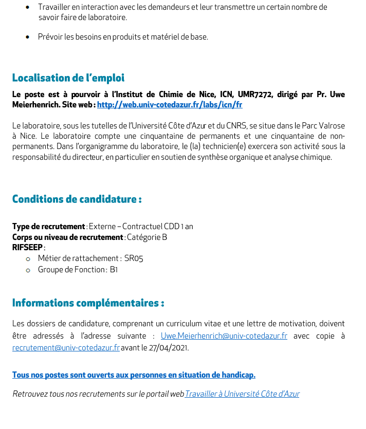 NiceChemistry's tweet photo. Un emploi (CDD 1 an) de Technicien(ne)-Assistant(e) en techniques de synthèse chimique (H/F) est disponible dans notre institut. Pour en savoir plus: https://t.co/k6WHpceDsx
 @NiceChemistry @Univ_CotedAzur @CNRS_DR20 https://t.co/Zj27akh1LN