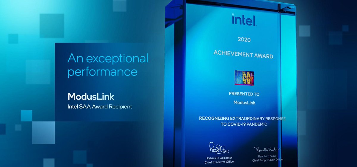 ModusLink's tweet image. ModusLink‒ Winner 2020 Intel Supplier Achievement Award in COVID-19 Response
ModusLink is proud to announce that we have earned an Intel Supplier Achievement Award (SAA) in COVID-19 Response.
Click here to read the official press release.
moduslink.com/news/moduslink…
