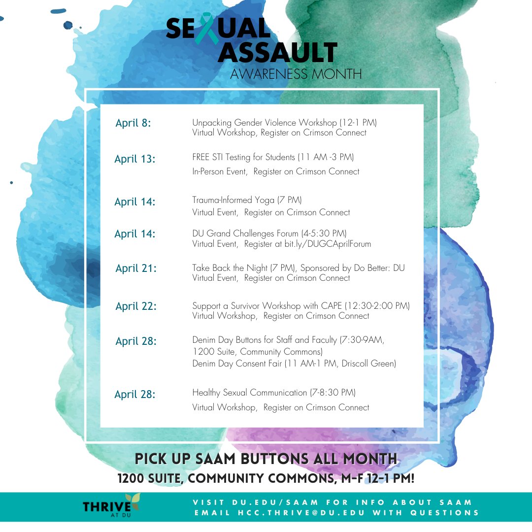 In conjunction with community partners, we will be offering several events throughout the month of April for Sexual Assault Awareness Month!

We would love for you to join us, so register today! #SAAM #ThrivingAtDYou
