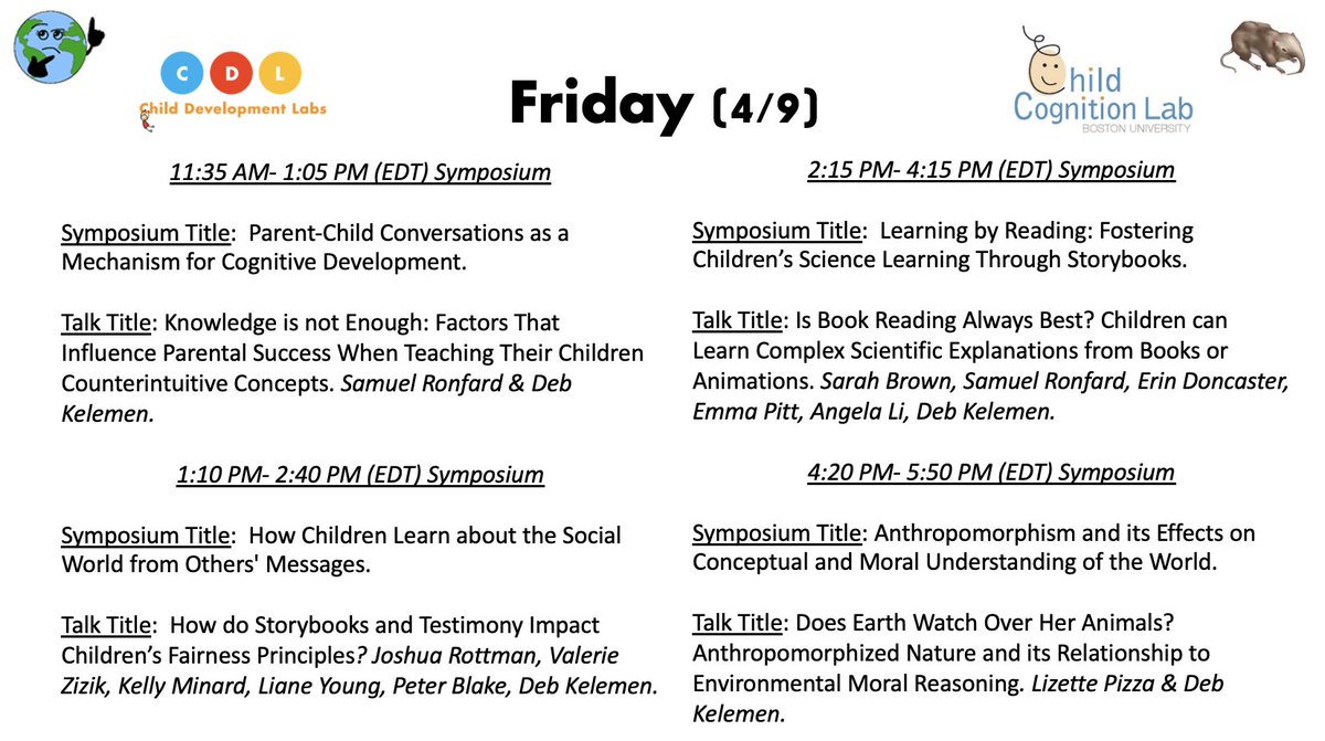 buchildlab's tweet image. Planning your schedule for #SRCD2021 ? Take a look at the Child Cognition Lab’s sessions here: