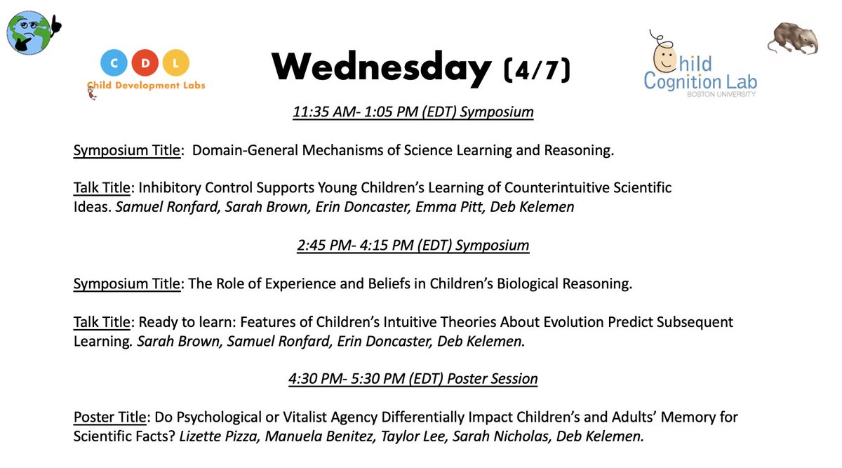 buchildlab's tweet image. Planning your schedule for #SRCD2021 ? Take a look at the Child Cognition Lab’s sessions here: