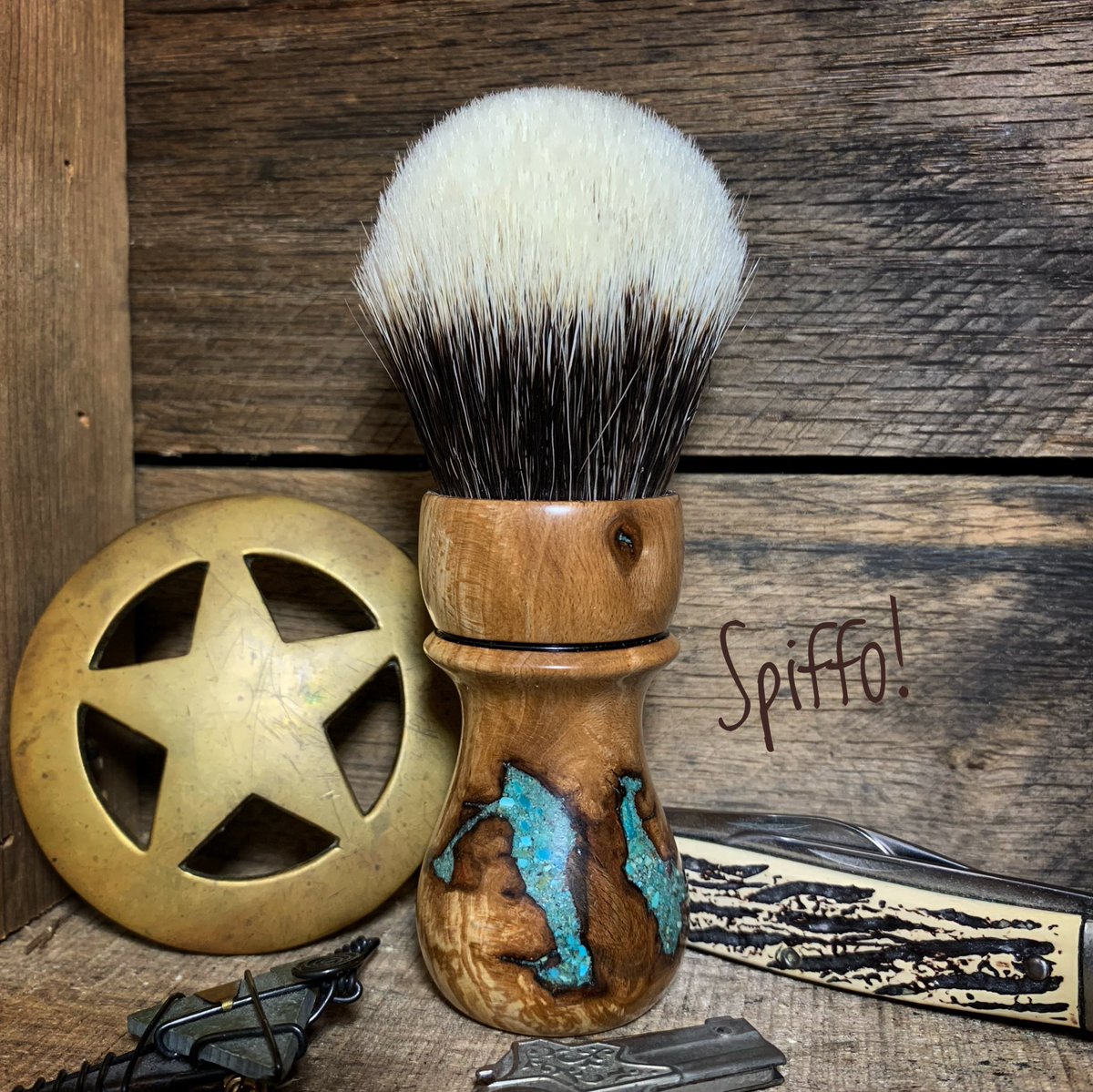 This spalted Beech wooden shaving brush features strikingly beautiful turquoise stone inlays and a 24mm Manchurian super high-density Two-Band knot. Bonanza, there’s nothing else like it in the world! #shavingbrushes #shavingbrush #spiffo #spiffoman #shaving #shave #wetshaving