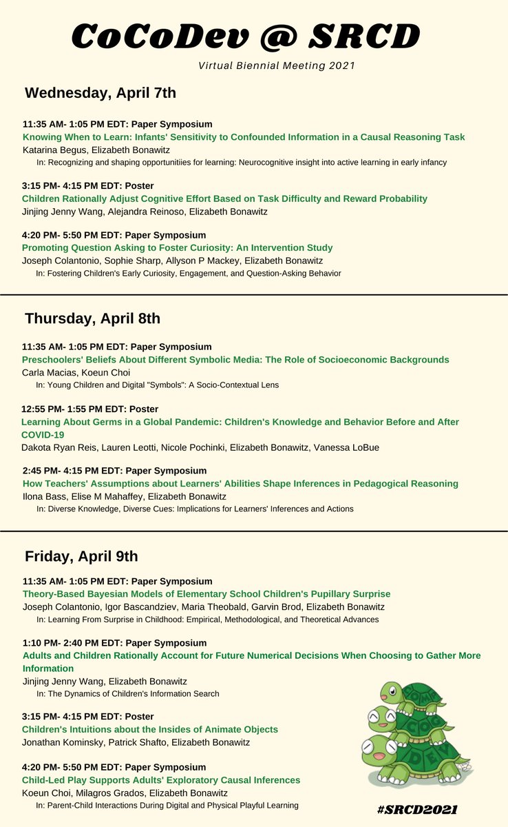 The CoCoDev lab has LOTS of interesting presentations to add to your #SRCD2021 schedule! Come hear about some exciting work from our lab!