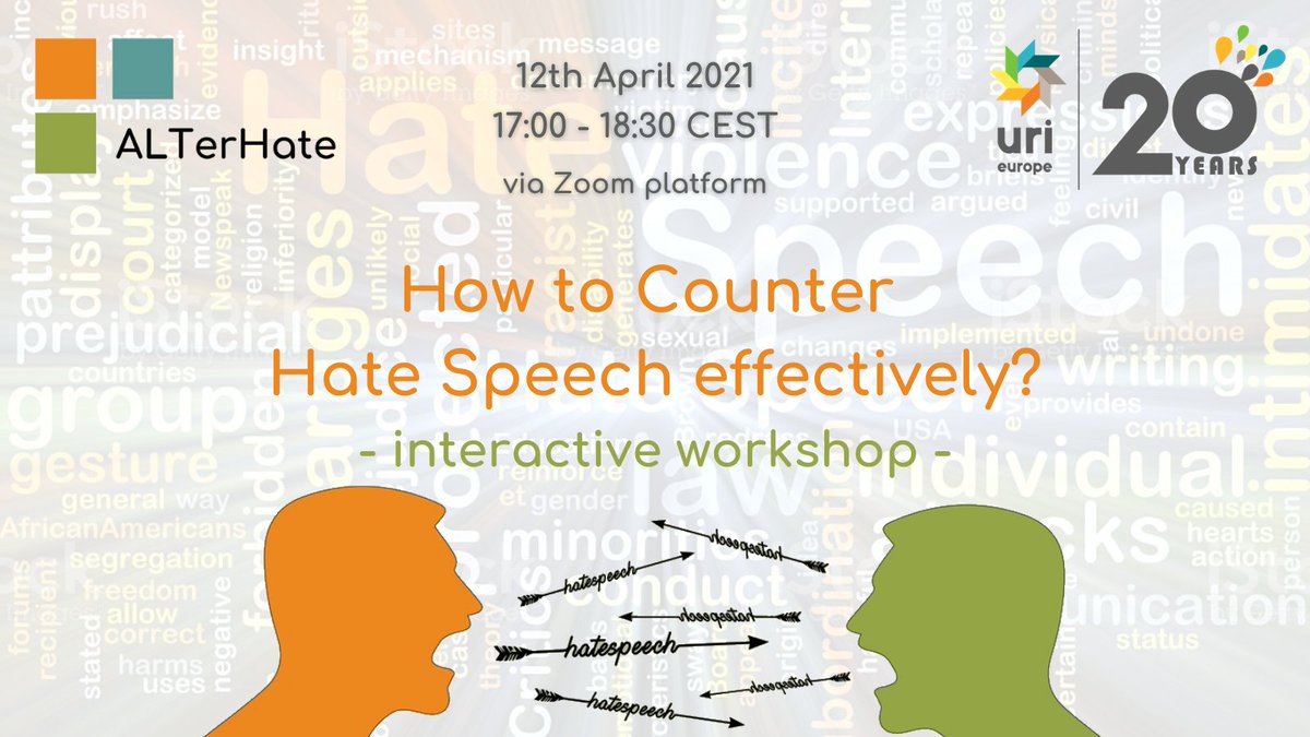 🗣️Join us for the workshop on how to counter hate speech effectively
🤝The workshop is implemented in cooperation with URI Europe

📆April 12
⏰17:00 - 18:30 CEST

To get the Zoom🔗for the workshop please send an email to lhasandedic@uri.org 

#ALTerHate #Speech4Change
