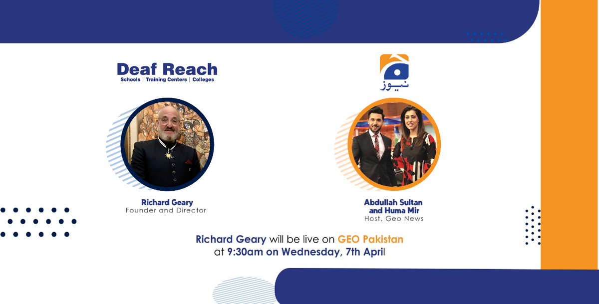 Deaf Reach (@deafpakistan) on Twitter photo Catch <a href="/RichardGearyH/">Richard Geary</a> live on <a href="/geopakistantv/">Geo Pakistan</a> tomorrow on Wednesday, 7th April, 9:30am with <a href="/abdullahsultan/">Abdullah Sultan</a> and <a href="/humaamirshah/">Huma Amir Shah</a> Catch <a href="/RichardGearyH/">Richard Geary</a> live on <a href="/geopakistantv/">Geo Pakistan</a> tomorrow on Wednesday, 7th April, 9:30am with <a href="/abdullahsultan/">Abdullah Sultan</a> and <a href="/humaamirshah/">Huma Amir Shah</a>