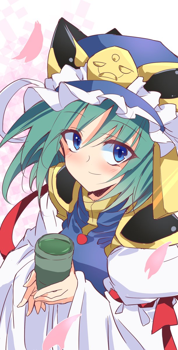 shiki eiki 1girl solo green hair hat blue eyes cup smile  illustration images