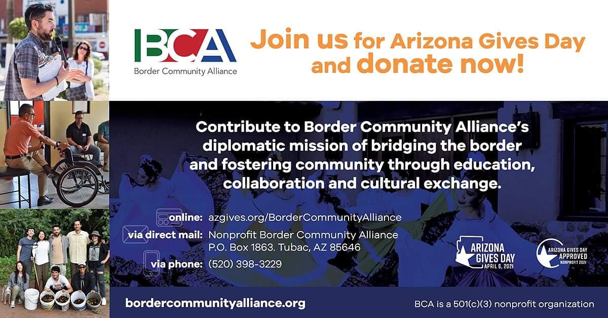 Today is the day! It is April 6: #ArizonaGivesDay & we invite you as members of #civilsociety to support #nonprofit BCA, an initiative of civil society in #borderlands!! It's a once-a-year opportunity to be a philanthropist no matter the amount! Donate: azgives.org/BorderCommunit…