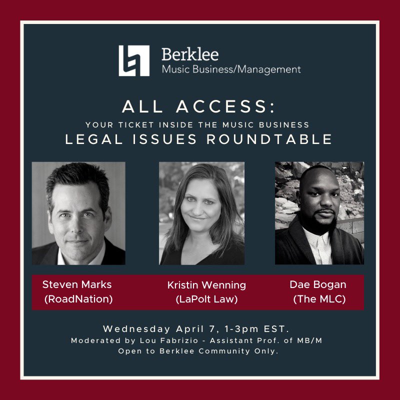 Join the MB/M Dept for our 1st annual "ALL ACCESS: Your Ticket Inside the Music Business". This year's event's focusing on legal issues related to touring in Covid, mechanical licensing revenue, &amp; record label royalties. Check the link in our bio for more info!