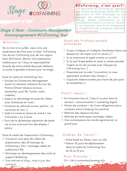 Nous recherchons pour 2 mois, une personne qui nous accompagnera lors de notre CoFarming tour 🌎 de Juin région Haut de France - Marne .