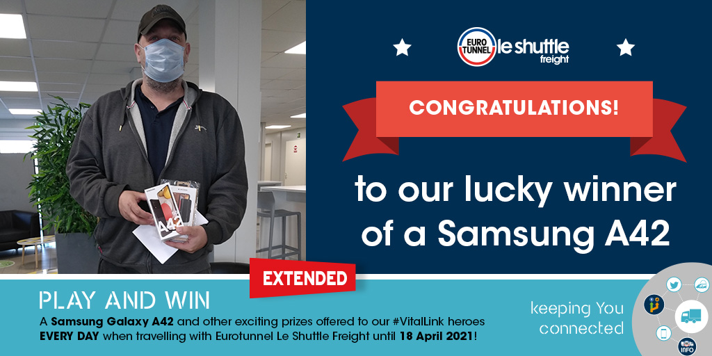 🏅We would like to congratulate Tomasz who won a SAMSUNG A42📱
⭐️Play and win EVERY DAY when you travel with #Eurotunnel le Shuttle #Freight ⭐️
#TruckDriver #Calais #Folkestone #PlayWinEurotunnel