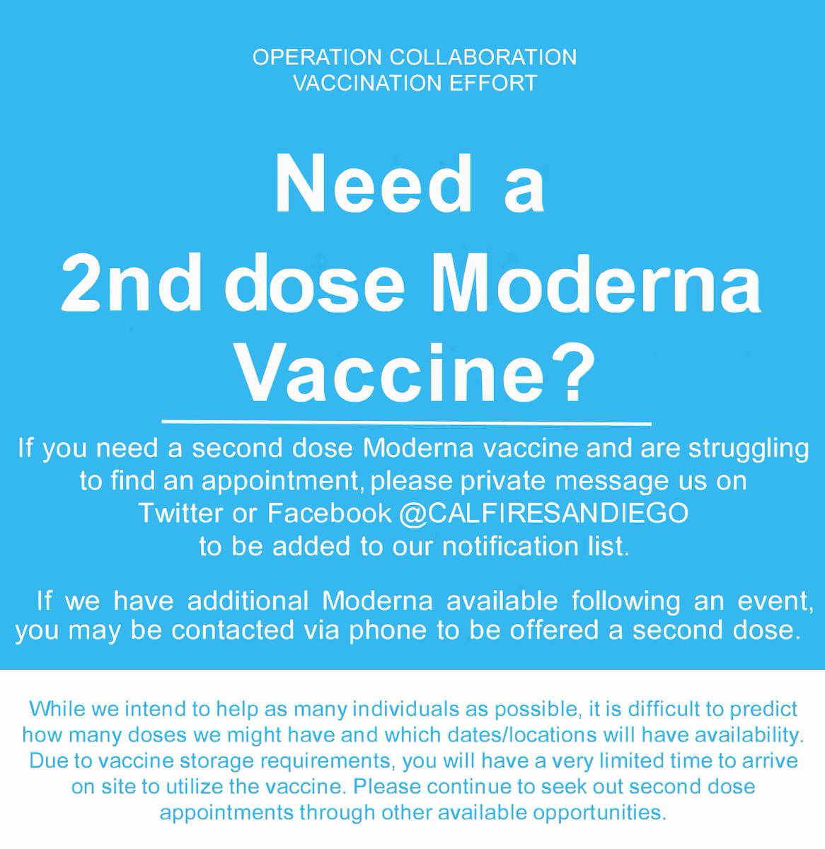 CALFIRESANDIEGO's tweet photo. Good Morning- If you need a second dose Moderna vaccine and are struggling to find an appointment, please private message us on Twitter or Facebook @CALFIRESANDIEGO to be added to our notification list. #OperationCollaboration https://t.co/BfdTcHPdLS