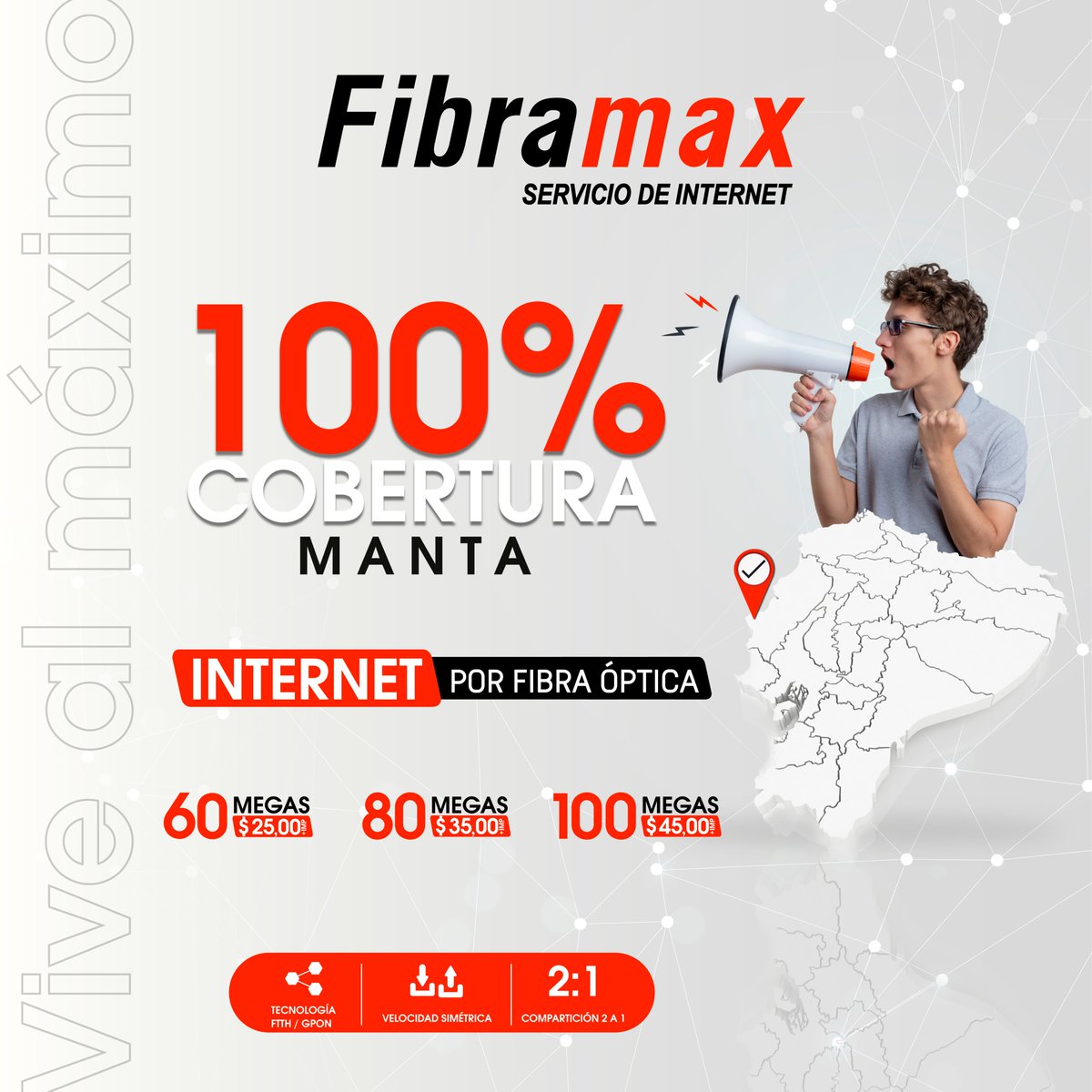 Fibramax, está en todo y en todas partes, ahora contamos con cobertura total en la hermosa ciudad de Manta, llámanos hoy mismo y contrata tu nuevo plan.
¡Pregunta por nuestras promociones!
 Vive al máximo con Fibramax.

☎️ PBX : 02602 15 00👇
Asesor: bit.ly/lVentasFibramax