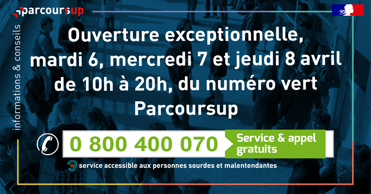 📞 Le numéro vert #Parcoursup est ouvert de 10h à 20h à compter d'aujourd'hui et jusqu'au 8 avril.
👥Toutes nos équipes restent mobilisées pour vous accompagner.