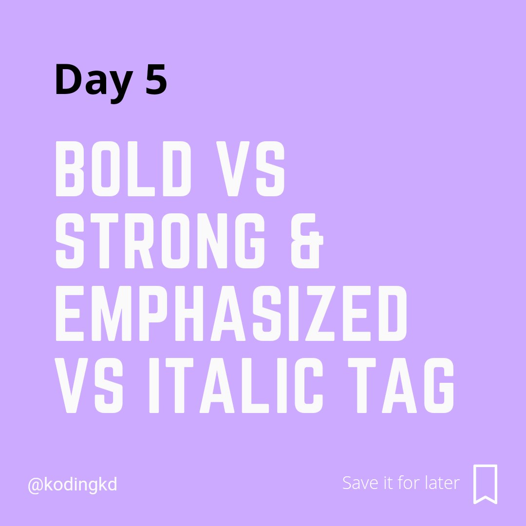 kodingkd's tweet image. Day - 5 | Bold vs Strong & Emphasized vs Italic tag
Follow @kodingkd for more 💯
.
Was It helpful?
Let me know in the comments 👇🏼
.
.
#bold #strong #emphasized #italic #html5 #30daysofhtml #htmlcoding #html #htmlcss #bootstrap #bootstrap4 #cssanimation #javascript