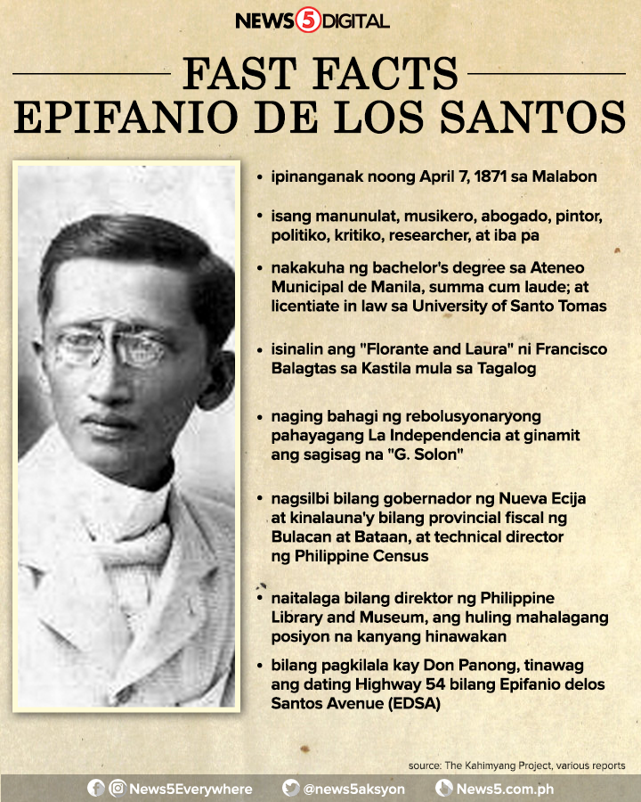 News5 on X: "Sa araw na ito, taong 1871, ipinanganak si Epifanio de los  Santos. Narito ang ilang bagay tungkol sa kanya. https://t.co/ZwnqsXALuX" /  X