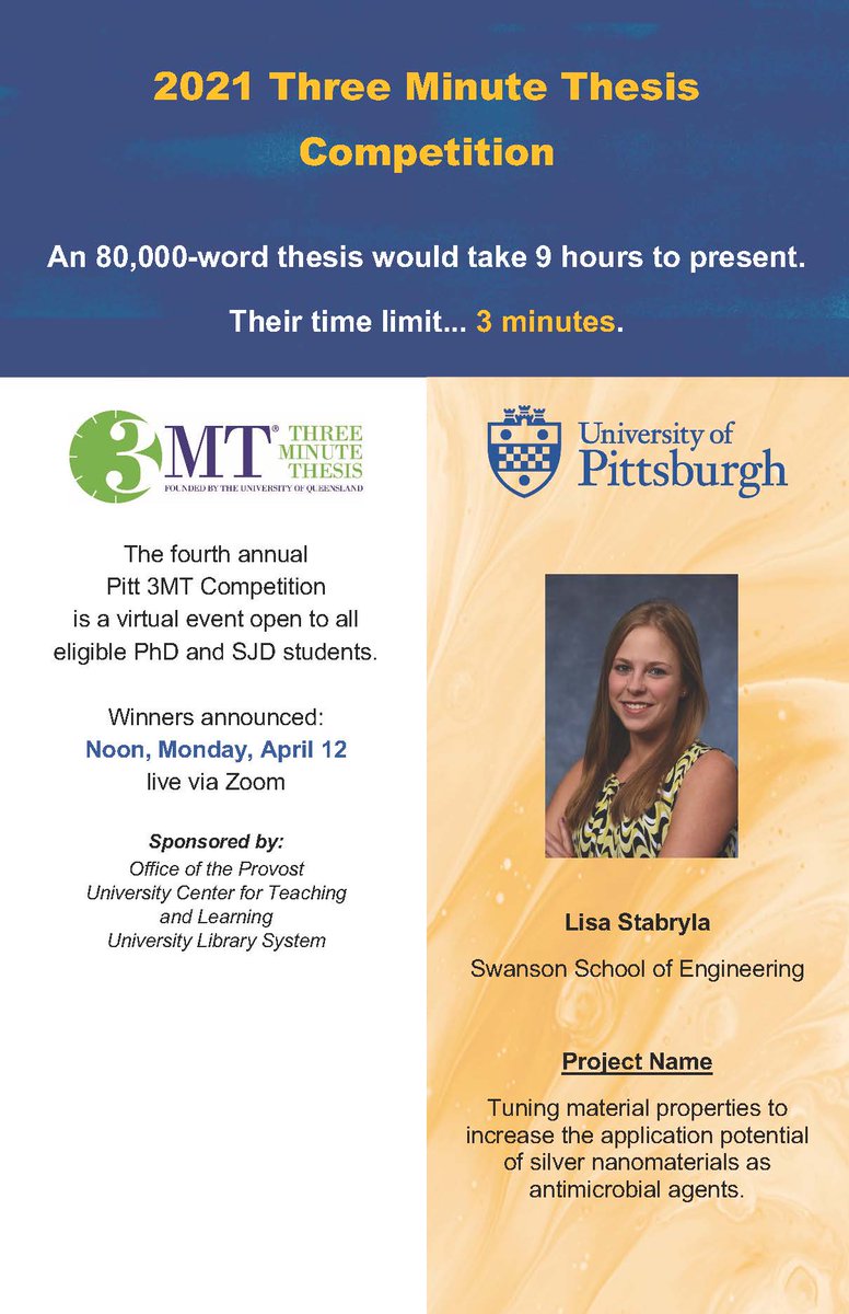 PittGradStudies's tweet photo. Join us for the 2021 @3MT_official competition featuring Pitt's own, Lisa Stabryla, @PittEngineering. Visit us at https://t.co/biqRmFwo4v to view their presentation and submit your Vote. @Pittgradstudies #H2P #PittGradStudies #3MT #2021 #PeoplesCHOICE https://t.co/aiuDH3sB4R