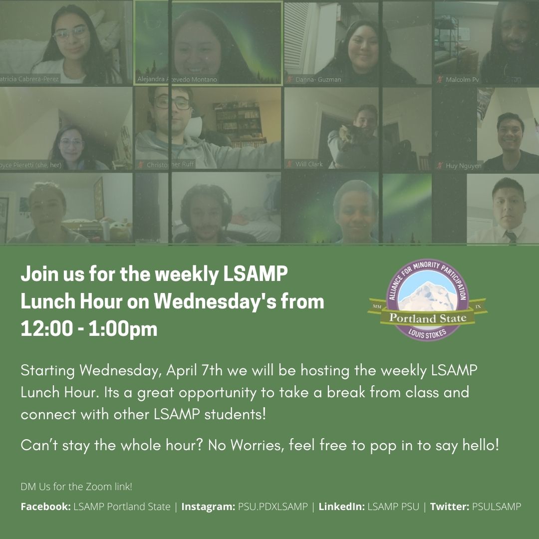 The weekly Lunch Hour is back!
Join us for the weekly LSAMP  Lunch Hour on Wednesday's from 12:00 - 1:00pmJoin us for the weekly LSAMP  Lunch Hour on Wednesday's from 12:00 - 1:00pm

#LunchHour #BreakTime #StopandRest #LunchTime #JoinUs