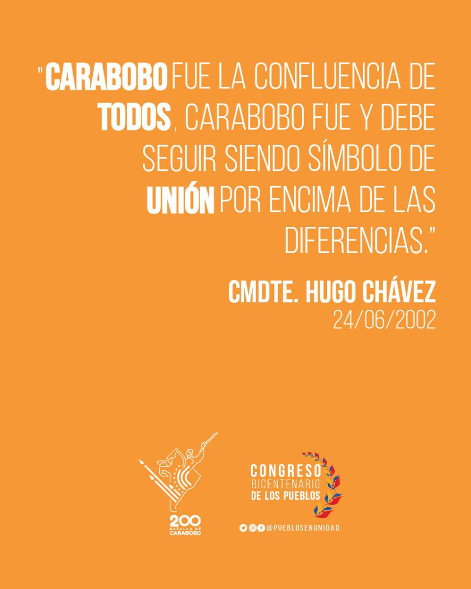 Con el Comandante Hugo Chávez, asumimos el espíritu de unión patriota, que nos acompañó hace 200 años en Carabobo #NotiBicentenario #UniónDeLosPueblos #CuidémonosDelVirus