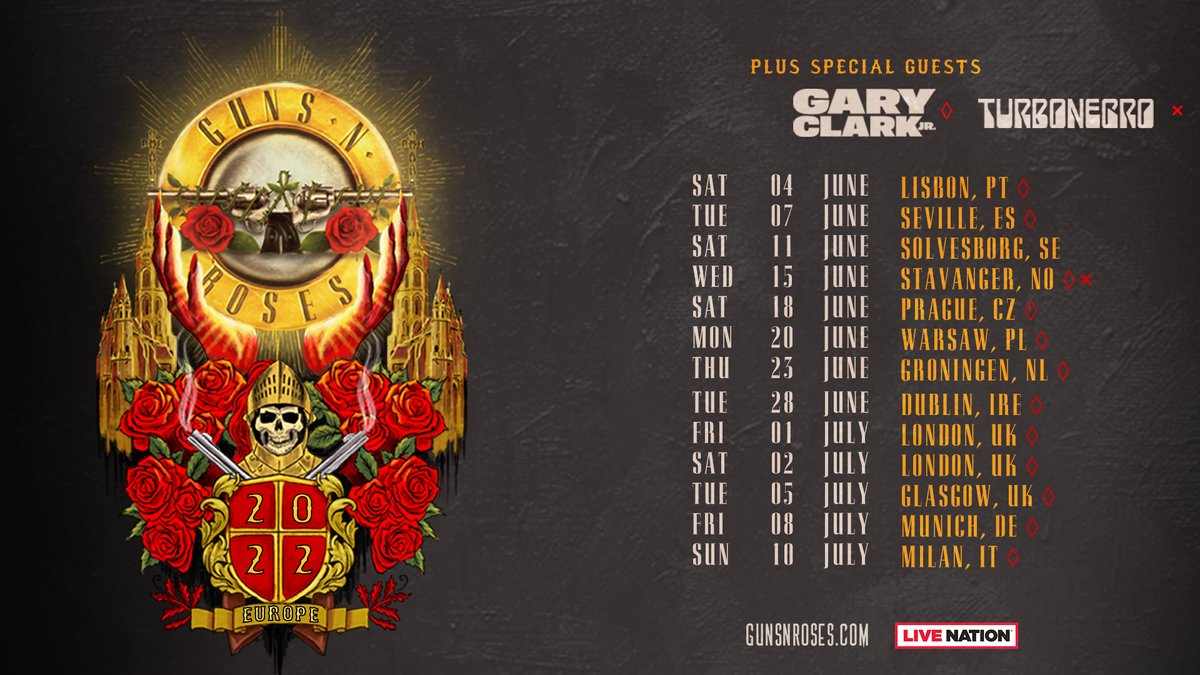 Tour update!! European Summer dates are now rescheduled to 2022. New dates added & new special guest, @GaryClarkJr. Tickets remain valid for all rescheduled dates. We cannot Fn wait. gunsnroses.com/tour