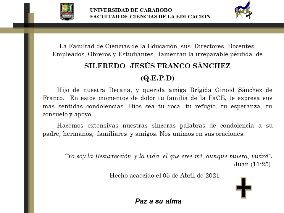 Inmenso dolor al enterarme del fallecimiento de Silfredo Franco Sánchez hijo de nuestra querida decana de la <a href="/FaCE_UC/">FaCE-UC</a> mi hermana académica <a href="/ginoiddefranco/">Ginoid de Franco</a> 
Mi solidaridad y mi abrazo fraterno, unido al duelo que aflige a la familia Franco Sanchez.🙏😢💔 pic.x.com/emMkB6f7Dv