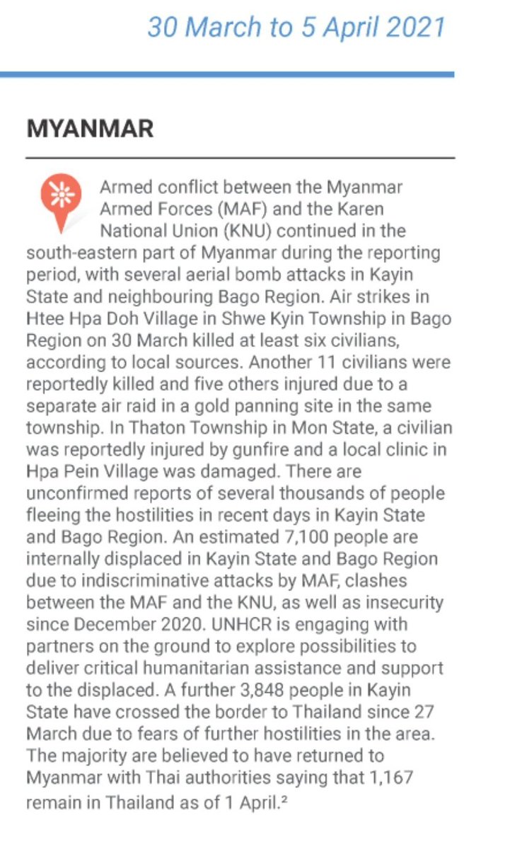 MayWongST's tweet photo. Despite a declaration of a month-long unilateral ceasefire by #Myanmar #military from April 1, reports of attacks in some ethnic areas like #Karen/Kayin &amp; Bago region still emerging, causing more displacements with UN saying 7,100 more people affected #WhatsHappeningInMyanmar https://t.co/8ydv4DPMUU