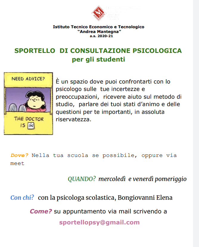 ItetMantegna's tweet photo. All' ITET Mantegna è attivo lo "Sportello di consultazione psicologica". Sportello gestito dalla psicologa Elena Bongiovanni. #sportellopsicologico #elenabongiovanni #itetmantegna #scuola #incertezze #ansie #preoccupazioni #scuola @MIsocialTW https://t.co/fo5RhvGGB6