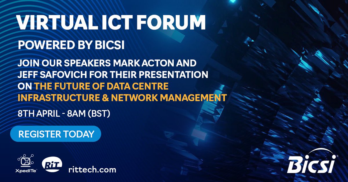 Rittechintel's tweet photo. Join us at the @BICSI #virtual #ICT #forum on April 8th, 8:00am BST.

We'll be discussing the future of #datacentremanagement - Where are we heading and how do we properly manage increasingly complex #digital #infrastructure?

To register, click here: https://t.co/MnvNN1Rh1L https://t.co/NMXxxQfkv4