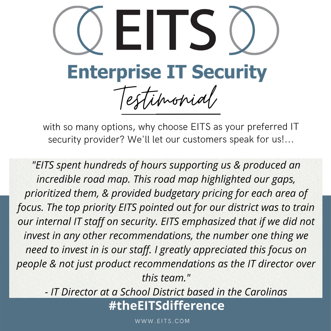 EITS_security's tweet photo. Check out what our customers have to say about the EITS difference!! #EITS #ITSecurity #securityninjas #microsoft #networksecurity #ITsecuritypros #theEITSdifference #microsoft365business #securityreviews #firewallcommunity #securityengineers #paloalto #varonis #cisco #forescout https://t.co/cyi0enwKES