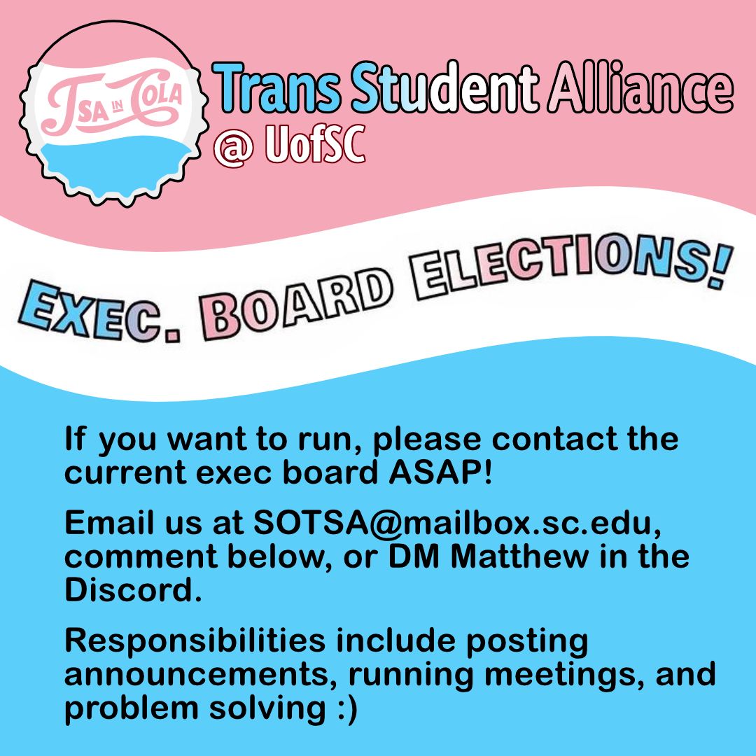 TSA game night is here! Bring your phone, any games and your Switch if you have one! As usual, we’ll meet in Russell 205 (or on Discord) on Thursday, April 8, from 5:45-6:45 PM. And, if we have folks online, we can play Among Us 👀
#UofSC
PS: remember to vote for TSS execs!
