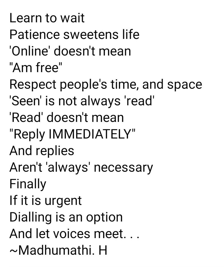 Madhumathi_Inks's tweet photo. Good, if people understand this. Good, if people assume/misunderstand, too; for they ease one's task of setting boundaries, and choose one's tribe. Respect space.
👇🏾
https://t.co/JxgvLj77ok
#Reply #Patience #Assumption #WhatsApp #respect #Socialmedia #Madhumathi #Writer #respect https://t.co/TdBfBIQv7I