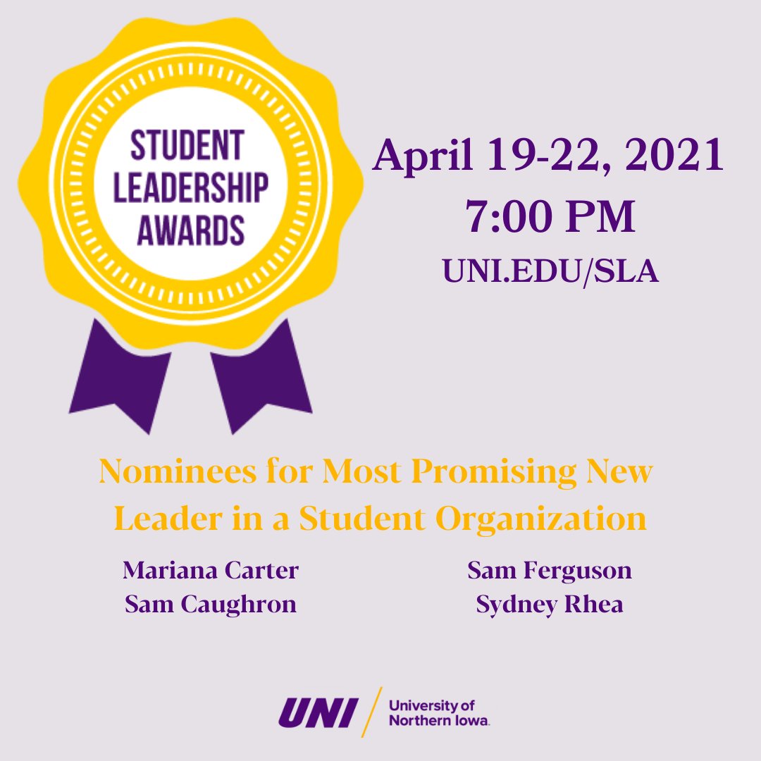 InvolvementUNI's tweet photo. Student Organization Awards Spotlight: Nominees for Most Promising New Leader in a Student Organization

This award recognizes members who demonstrate emerging leadership in the organization and have exceeded the expectations of the membership of the organization. https://t.co/2lwlDL1Sop