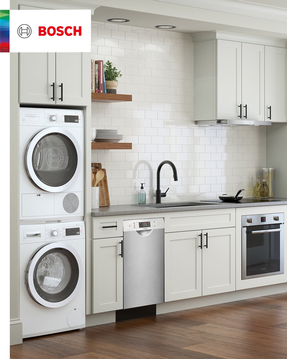 Solutions for smaller living spaces are a part of the Bosch collection. Compact Bosch appliances are available in a 24” width. #boschappliances #theapplianceplace