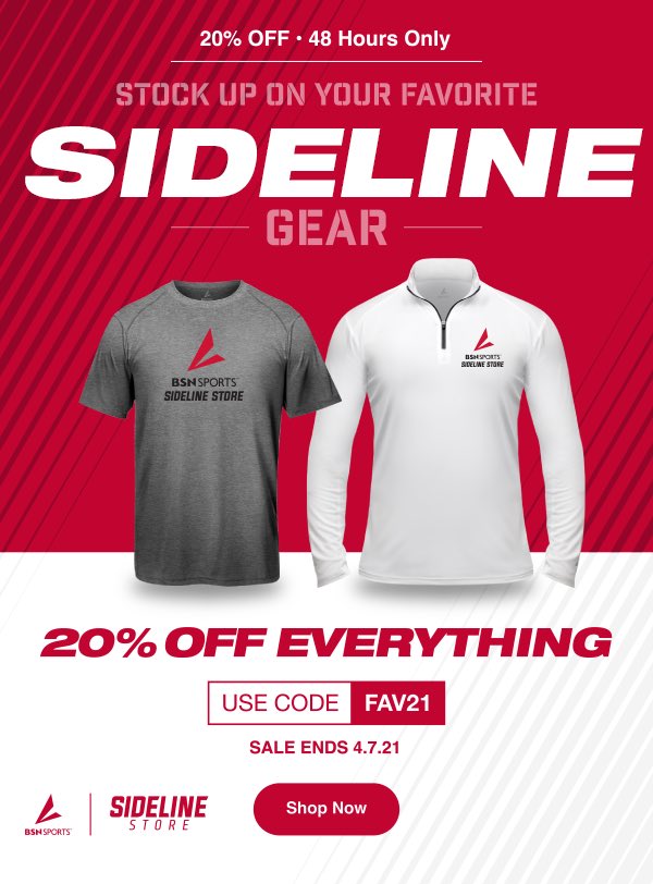 Stock up on your favorite gear &amp; save 20% 😍 Hurry, sale expires 4/7! 
#BSNSPORTS #SidelineStore 

Shop now!
bit.ly/BSNSportsSidel…