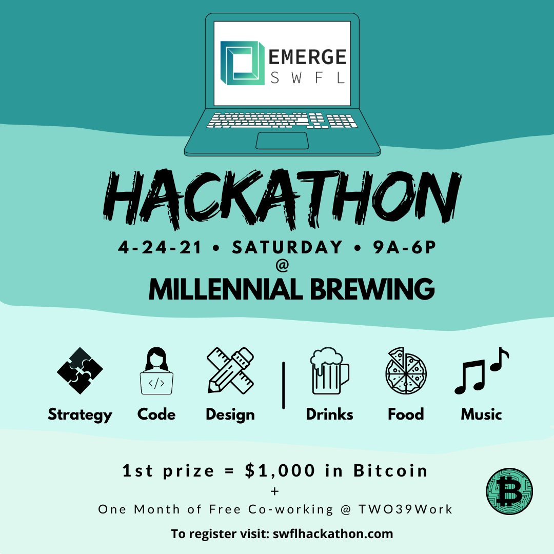 Join us for a Hackathon of epic proportions! 

Emerge SWFL Hackathon on Saturday April 24 2021 from 9 am - 6 pm at @MillennialBrew in Downtown Fort Myers

Attendance is Free! Register at swflhackathon.com

<a href="/joinendevr/">Endevr</a> <a href="/stickboytech/">Stickboy</a>

#EmergeSWFL #Hackathon #SWFLTech #Bitcoin