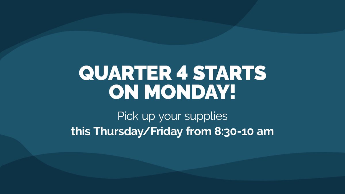 With Quarter 3 ending on Friday, it’s time to start getting ready for Quarter 4, which starts on Monday! We’ll be handing out school supplies outside of campus this Thursday &amp; Friday from 8:30 am ­– 10 am. Please remember to bring your Chromebook and drop it off when you arrive.