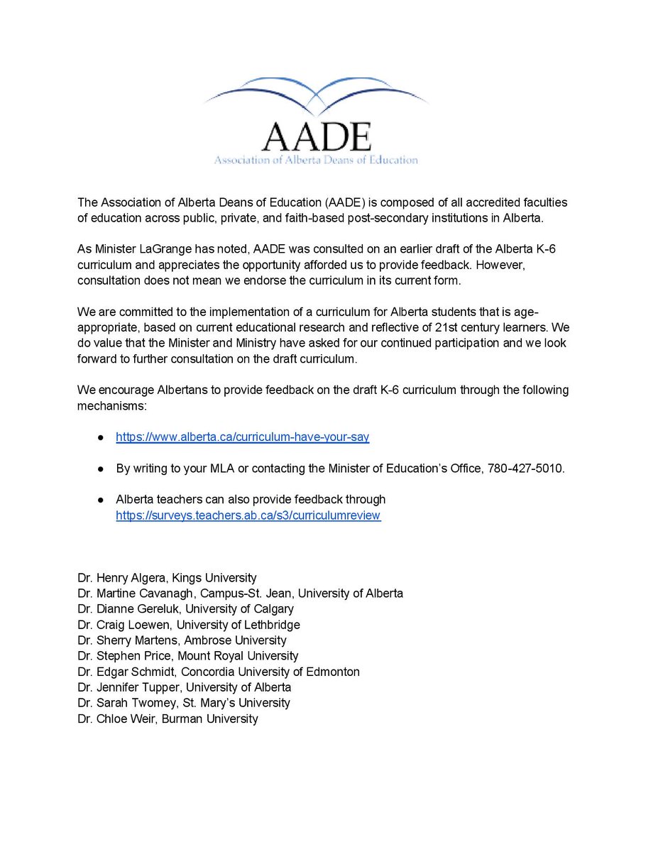 The Association of Alberta Deans of Education has issued a statement on the Alberta K-6 curriculum draft: ualberta.ca/education/medi… #AADE #abed