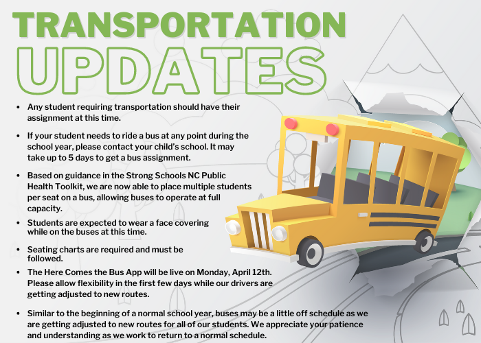 We are excited to welcome our students back on Plan A beginning Monday, April 12th! We appreciate your patience and understanding as we work to return to a normal schedule. We hope that this Transportation information is helpful in planning for the days ahead.