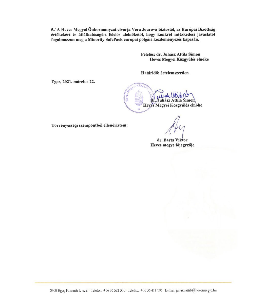 Vincze Loránt (@vinczelorant) on Twitter photo 🇭🇺📜🇪🇺 The Heves County Assembly in Hungary adopted a resolution supporting #MinoritySafePack & "expects Commissioner <a href="/VeraJourova/">Věra Jourová</a>, Vice-President of <a href="/EU_Commission/">European Commission</a> for Values and Transparency, to make a concrete proposal for action on the <a href="/MSPI_EU/">#MinoritySafePack Initiative</a> #EuropeanCitizensInitiative": 🇭🇺📜🇪🇺 The Heves County Assembly in Hungary adopted a resolution supporting #MinoritySafePack & "expects Commissioner <a href="/VeraJourova/">Věra Jourová</a>, Vice-President of <a href="/EU_Commission/">European Commission</a> for Values and Transparency, to make a concrete proposal for action on the <a href="/MSPI_EU/">#MinoritySafePack Initiative</a> #EuropeanCitizensInitiative":